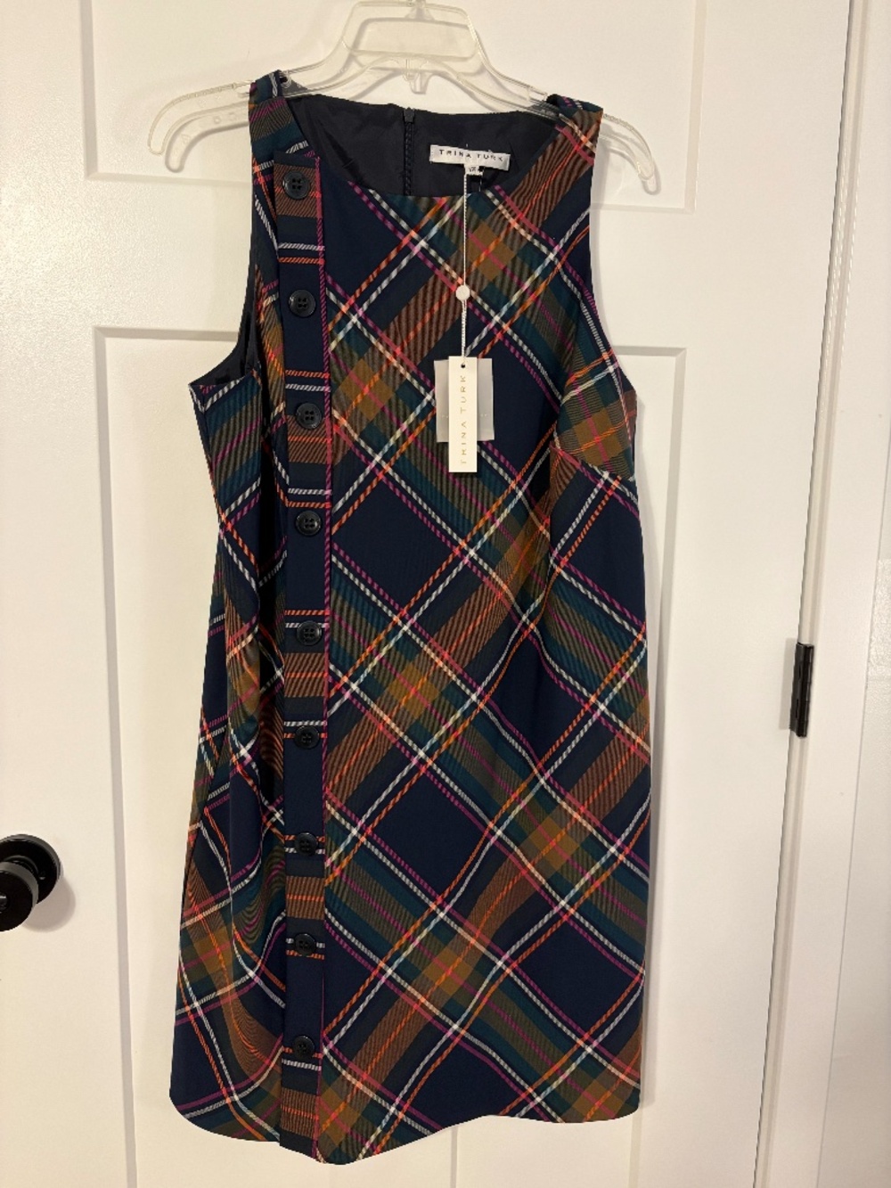 Trina Turk Womens Scoop Neck Tartan Sapna Dress Navy Blue Multi 12 NEW NWT $378